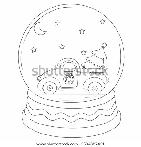 Coloring Page Outline Of Snow globe with car carriage tree for Christmas. New year. Christmas. Coloring book for kids