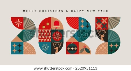 vector new year festive and christmas 2025 concept art, abstract flat geometric background design, new year and christmas card