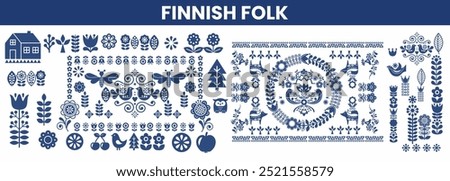 Scandinavian seamless pattern, Folk art vector round ornamental,  Retro style navy blue ornament, finnish folk set of icon. 