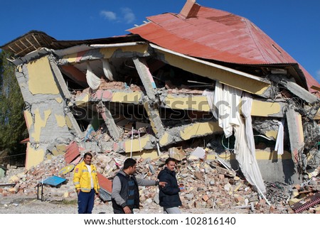 VAN, TURKEY-NOVEMBER 1: Earthquake damage and people in the Gedikbulak Village in Van, Turkey. November 1, 2011.