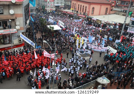 ZONGULDAK-JANUARY 27: 10,000 metal workers staged a demonstratim  to taken away sub-contracted work. Workers protested to government about work accident, on 27 January 2013 in Zonguldak,Turkey.