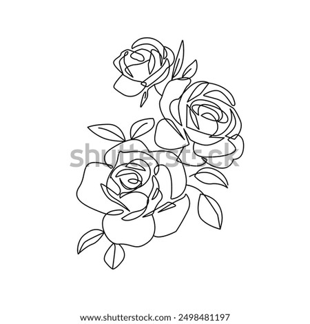 Continuous Line Drawing Of Rose Flowers Black Sketch Isolated on White Background. Flowers Rose One Line Illustration for Minimalist Design. Vector EPS 10.	