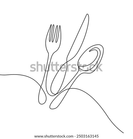 Continuous One Line Drawing. Spoons, Forks, Knife, Eating Utensils. Cooking Utensils Line Art Style for Logos, Business Cards, Banners. Black and White Minimalist Vector illustration	