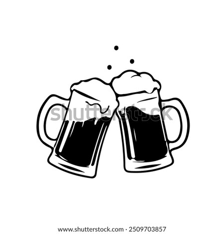 Beer Mugs Line Art Drawing. Drinks Beer Abstract Linear Silhouette on White. Glasses for Beer Modern Line Drawing for Logo Minimal Style, Label, Pub Design. Vector EPS 10