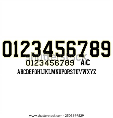 Team font vector 2023-2024 Boston Bruins Centennial away jersey font. Sports style of letters and numbers for National Hockey League (NHL) team on away jersey background.