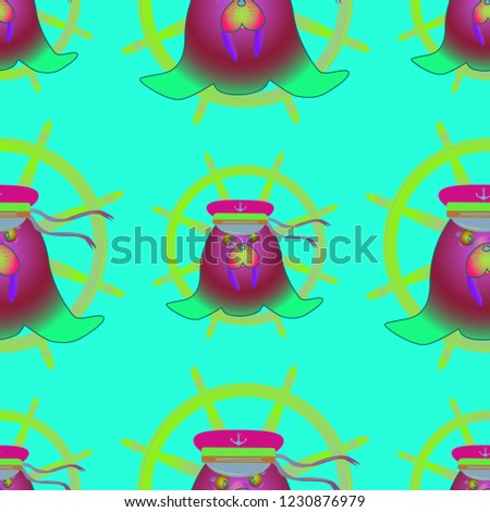 Background multicolored walrus sailor cap steering wheel seamless pattern.