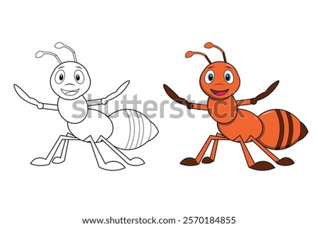 A Cute Ant isolated black and white outline with colour guide for coloring book