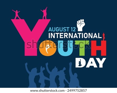 International Youth Day, August 12, highlights youth issues with vibrant vector illustration showcasing dynamic silhouettes and colorful text, reflecting the energy and diversity of young people.