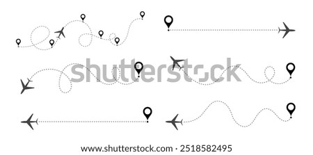 Airplane path. Flight path vector. Airplane routes set. Plane route line. Planes dotted flight pathway. Plane paths. Aircraft tracking, planes, travel, map pins, location pins. Romantic travel,