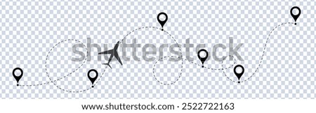 Airplane line path vector icon set of air plane flight route with start point and dash line trace. Various aircraft and destination location pins icons. Airplane line path route travel vector