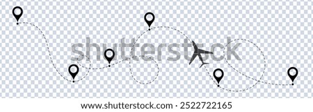 Airplane line path vector icon set of air plane flight route with start point and dash line trace. Various aircraft and destination location pins icons. Airplane line path route travel vector