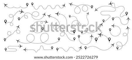 Airplane routes set. Plane route line. Planes dotted flight pathway. Aircraft tracking, planes, travel, map pins, location pins.  Airplane flying dotted line to destination