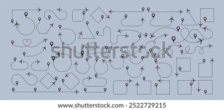 Airplane line path icon. Plane paths. Aircraft tracking, planes, travel, map pins, Airplane flying dotted line to destination collection. Plane flight path vector set.