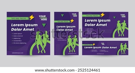 Bundle set of social media template designs with various ratio orientations from portrait to landscape package. Purple sporty banner design with a silhouette of a running people.