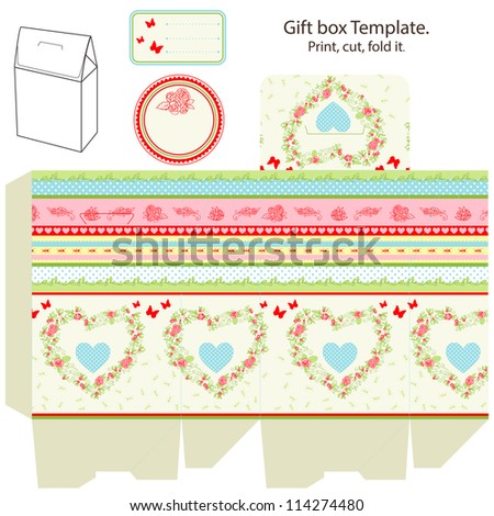 Gift box template. Abstract floral pattern with heart. Empty label.