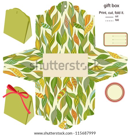 Gift box. Isolated. Nature pattern. Empty label. Template.
