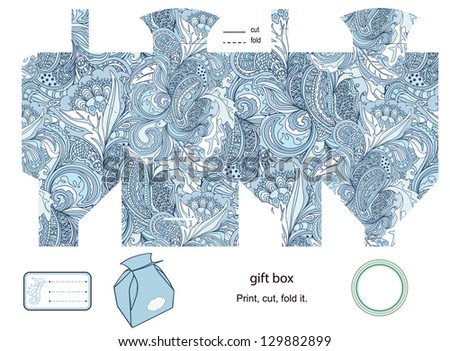 Favor, gift, product box die cut.  abstract floral pattern. Empty label. Designer template.