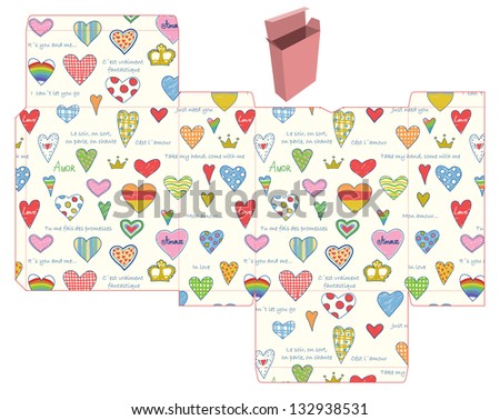 Favor, gift, product box die cut.  Hearts pattern. Empty label. Designer template.