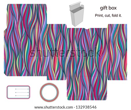 Favor, gift, product box die cut.  Waves stripped pattern. Empty label. Designer template.