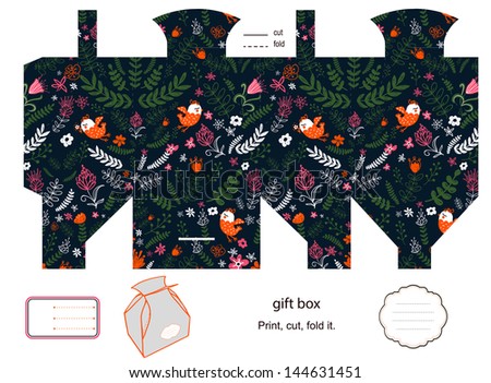 Favor, gift, product box die cut.  Floral pattern. Empty label. Designer template.