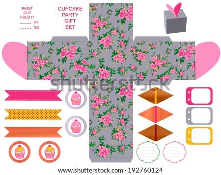 Gift box with empty labels template. Party kit. Abstract floral shabby chic pattern, classic country roses. Empty label.