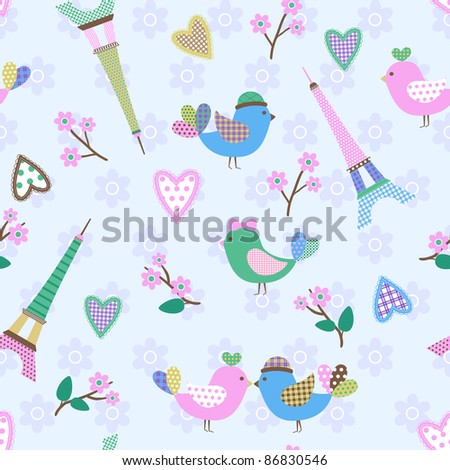 French styled pattern with birds, hearts and Eiffel. Blue. Seamless pattern can be used for wallpaper, pattern fills, web page background, surface textures.