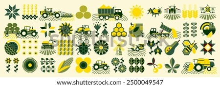 Spring pattern. Agriculture, farming. Vintage mosaic style. Simple geometric shapes. Textile background of grains, poultry breeding, beekeeping, agricultural machinery, farm implements, flowers.