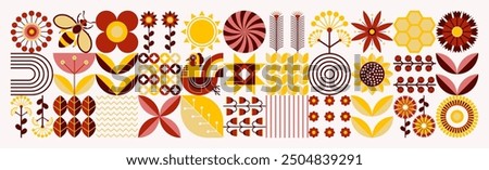 Ukrainian rural floral sweet pattern. Scandinavian style. Beekeeping, bees, honey, honeycombs, beehives, rooster, nectar, flowers. Geometric background. Positive summer illustration.