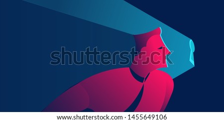 man looking into keyhole. non disclosure agreement, spying or information security concept in red and blue neon gradients