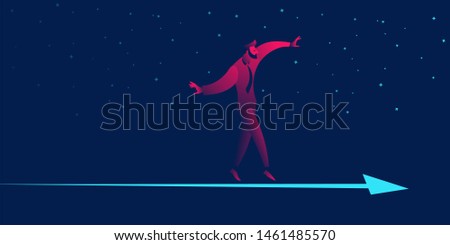 businessman balancing on chart. business balance, financial stability concept in red and blue neon gradients