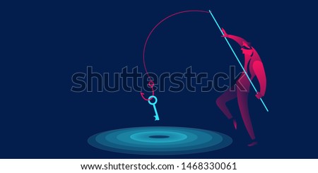 Phishing, scam, hacker business concept in red and blue neon gradients.  Man with fishing hook stealing key