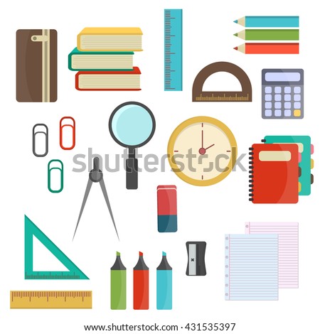 Vector illustration of Back to School supplies. School supplies learning equipment and different school supplies colorful office accessories.  School supplies equipment and  back to school icons.