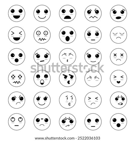 Emojis, different expressions. Vector faces. Cartoon face emotion icon emoji black outline. Set of Emoji icon vector. Set B