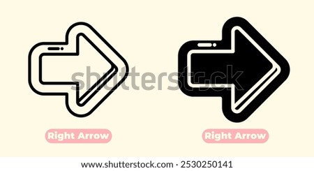 A simple and minimalist right arrow icon, featuring a sharp triangular shape with a pointed tip. The bold outline provides a clean and modern look, perfect for various digital design needs