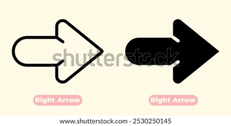 A simple and minimalist right arrow icon, featuring a sharp triangular shape with a pointed tip. The bold outline provides a clean and modern look, perfect for various digital design needs