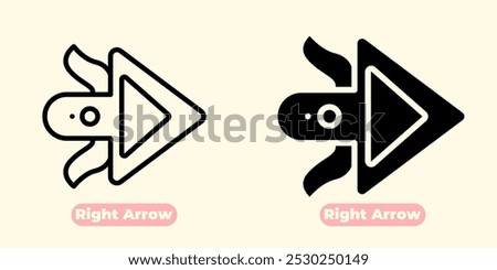 A simple and minimalist right arrow icon, featuring a sharp triangular shape with a pointed tip. The bold outline provides a clean and modern look, perfect for various digital design needs