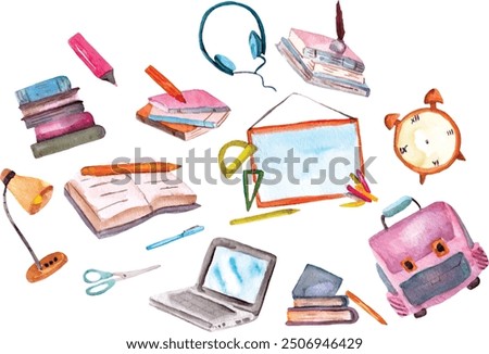 Watercolor painting of school supplies, including books, pencils, pens, a laptop, and a backpack.