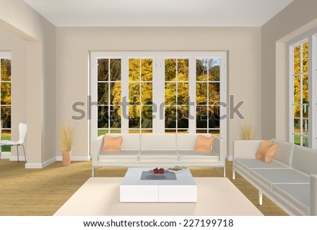 3D living room rendering with a view to a park in autumn
