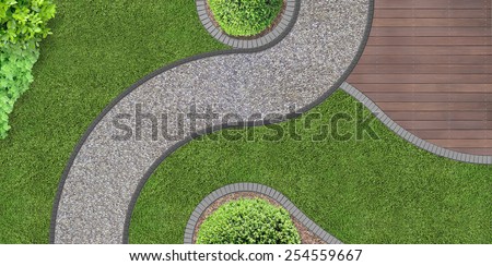 foot path through the garden in aerial view
