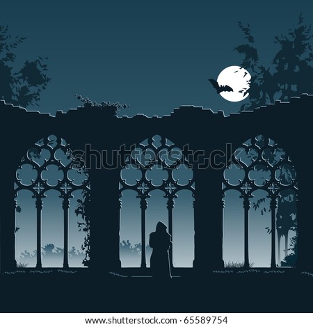 vector Illustration showing a monk entering the ruins of an old gothic abbey at night