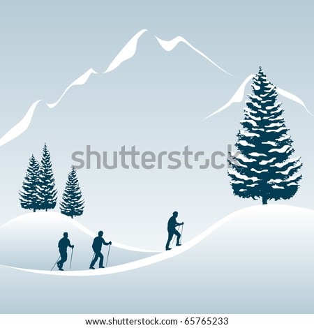 vector Illustration of 3 people enjoying a walking tour in the snowy mountains in winter