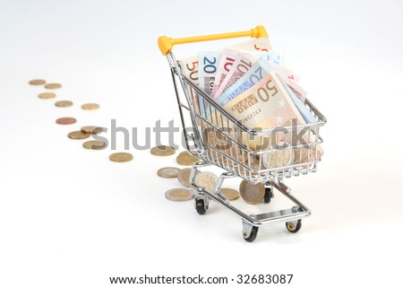 caddy, caddy, caddy, Cady, customer, shopping, consumption, purchase, money, euro, crisis, power, food, consumer, currency, coin, coins, bills, trolley
