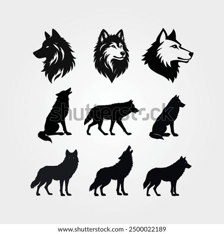 Wolf Silhouettes set vector black, animal wolf silhouette