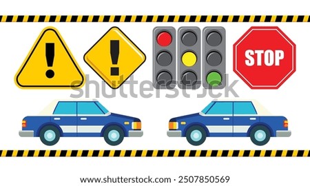 vector set of Red stop board, Traffic lights, two warnings and two traffic police cars, isolated on white background.