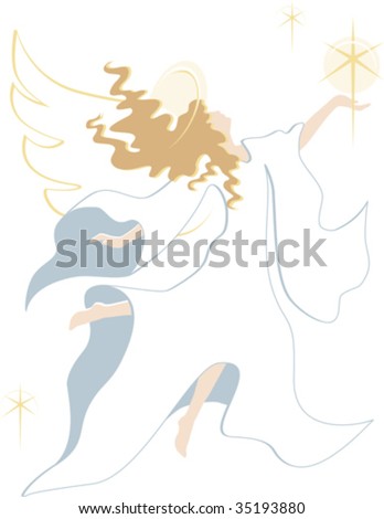 a vector illustration of a simplistic silhouette of an angel in a flowing robe holding a star
