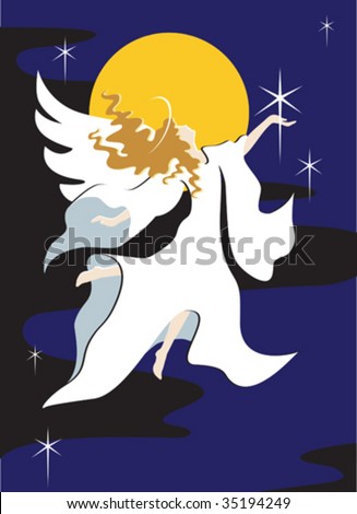 a vector illustration of a simplistic silhouette of an angel in a flowing robe holding a star in the night sky