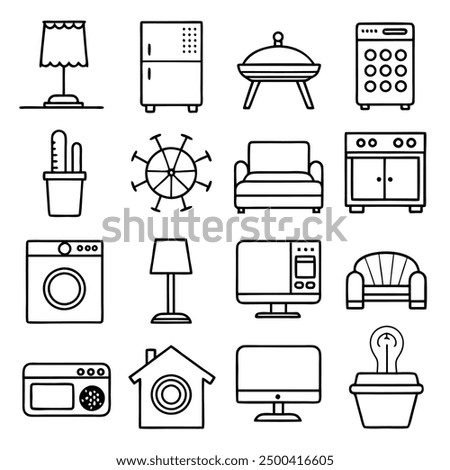 Extensive Black and White Line Art Illustrations of Essential Household Items Featuring Modern Kitchen Appliances, Vintage Electronics, Comfortable Furniture, and Stylish Home Decor for Every Room