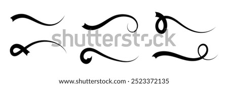 Calligraphic swoosh tail set, underline marker strockes. Sport logo typography elements. Texting letters tail for lettering or baseball club. Vector illustration in eps 10.