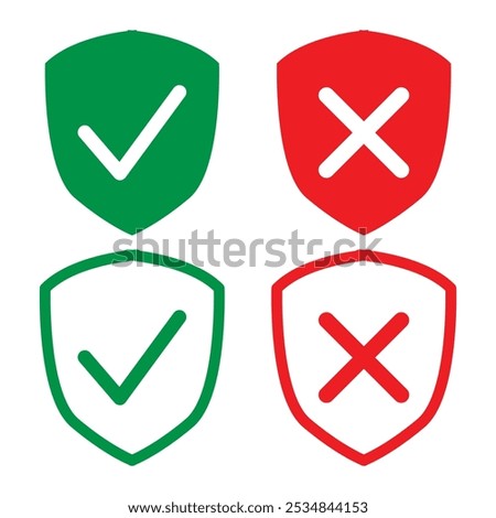 Protection and unprotection, green shield checkmark  red shield cross. Green and red shield checkmark, cross, approved, rejected, yes, no. Set of red and green crosses and checkmarks in eps 10.