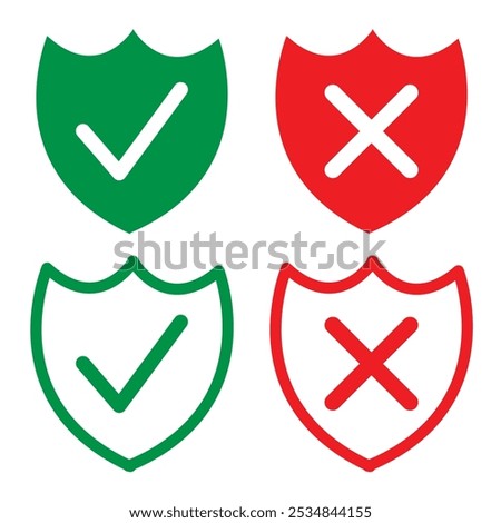 Protection and unprotection, green shield checkmark  red shield cross. Green and red shield checkmark, cross, approved, rejected, yes, no. Set of red and green crosses and checkmarks in eps 10.